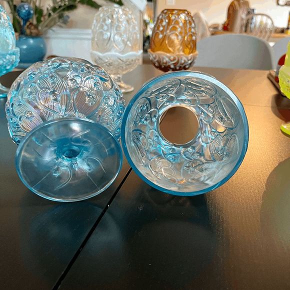 Vintage Fenton Ice Blue Pearl Iridescent Lily of the Valley Fairy Lamp - 7" - Picture 4 of 5